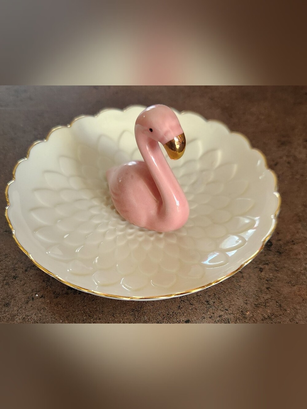 White Porcelain Jewelry Holder/Trinket Dish with Pink Flamingo & Gold Rim